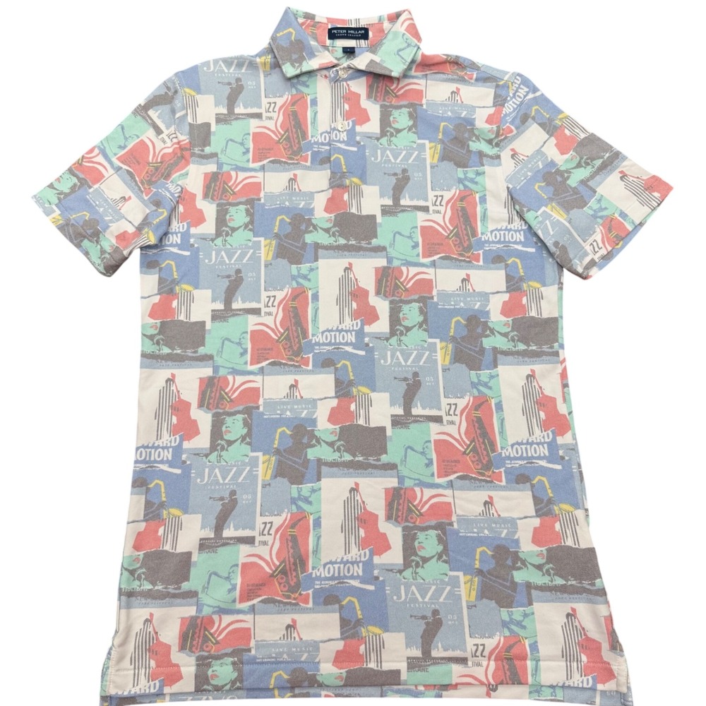 Peter Millar Crown Crafted Polo Mens Small Blue Jazz Festival Print MS23XK56E